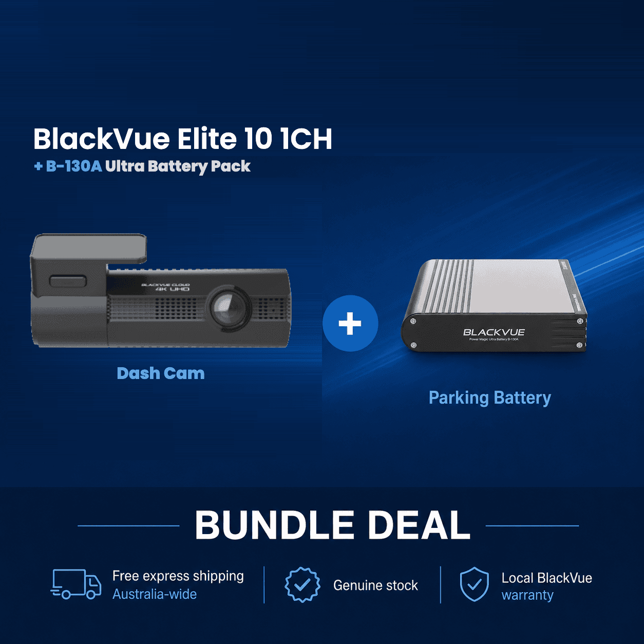 BlackVue Elite 10 1CH 4K front dash cam with B-130A Ultra Battery Pack bundle for hardwire-free parking mode