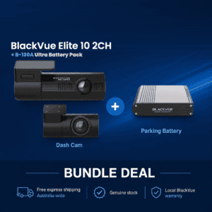 BlackVue Elite 10 2CH 4K dash cam with B-130A Ultra Battery Pack bundle — front and rear cameras plus parking battery