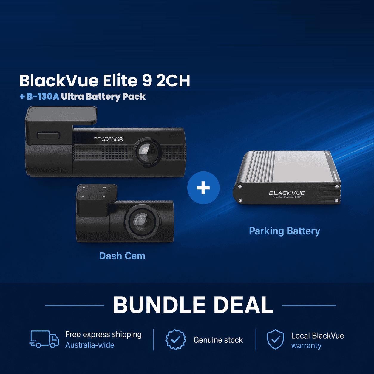 BlackVue Elite 9 2CH dash cam with B-130A Ultra Battery Pack bundle — front and rear cameras plus parking battery