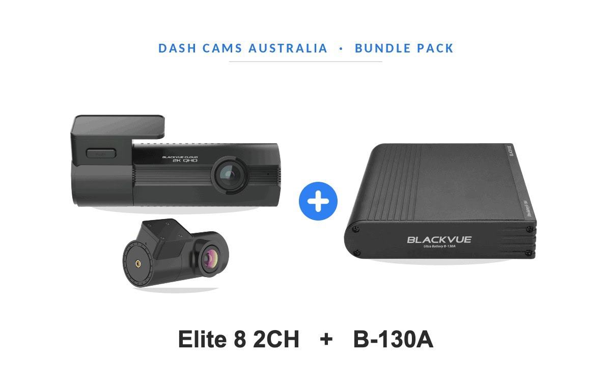 BlackVue Elite 8 2CH dash cam and B-130A Ultra Battery bundle pack — front and rear cameras