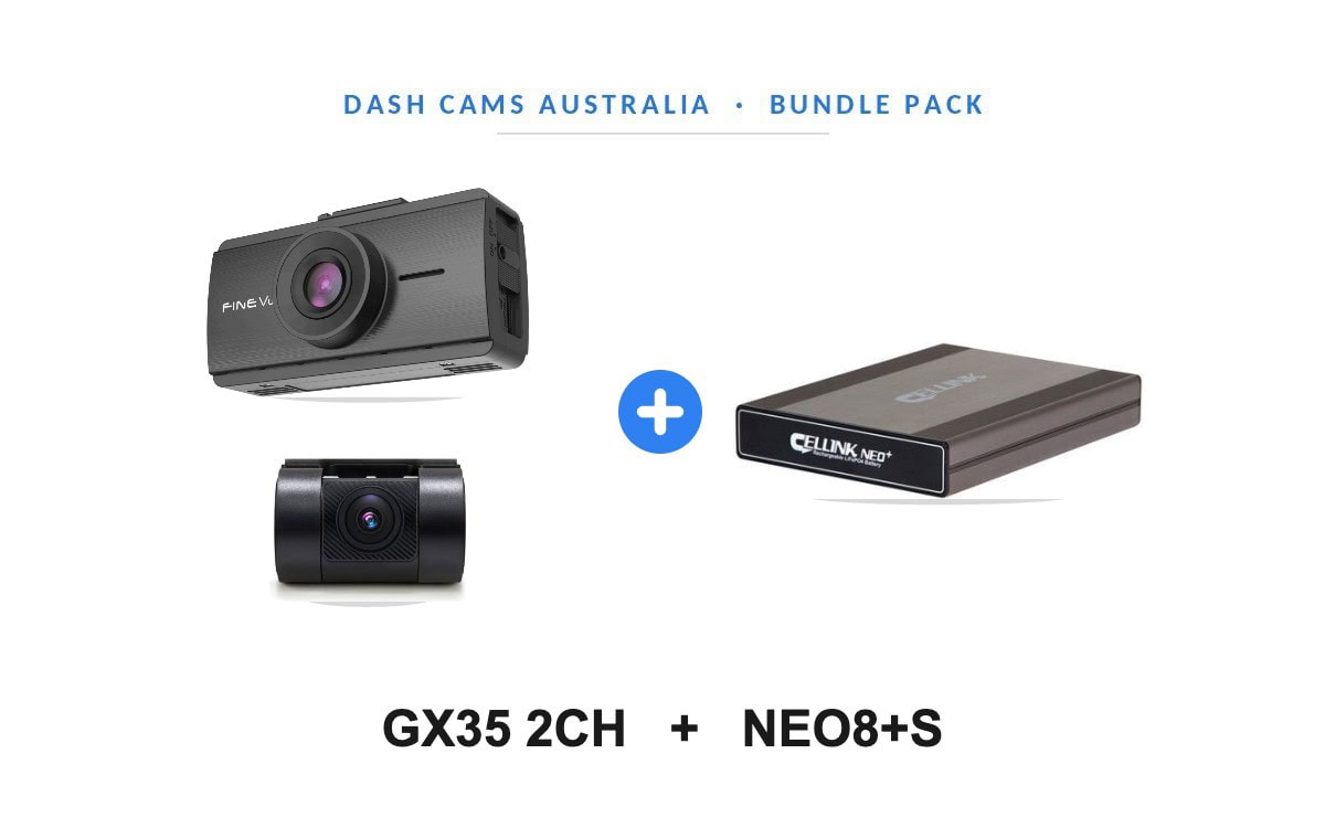 FineVu GX35 2CH dash cam with front and rear cameras plus Cellink NEO8+S battery pack bundle from Dash Cams Australia