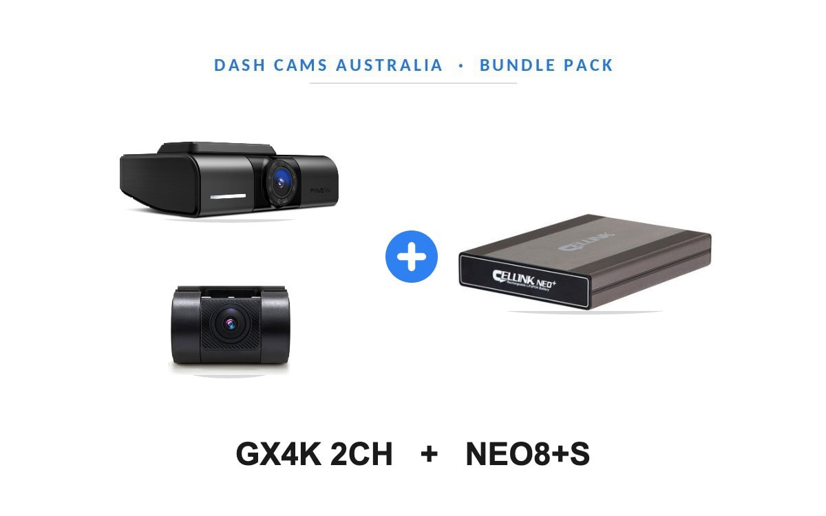 FineVu GX4K 2CH dash cam with front and rear cameras plus Cellink NEO8+S battery pack bundle from Dash Cams Australia