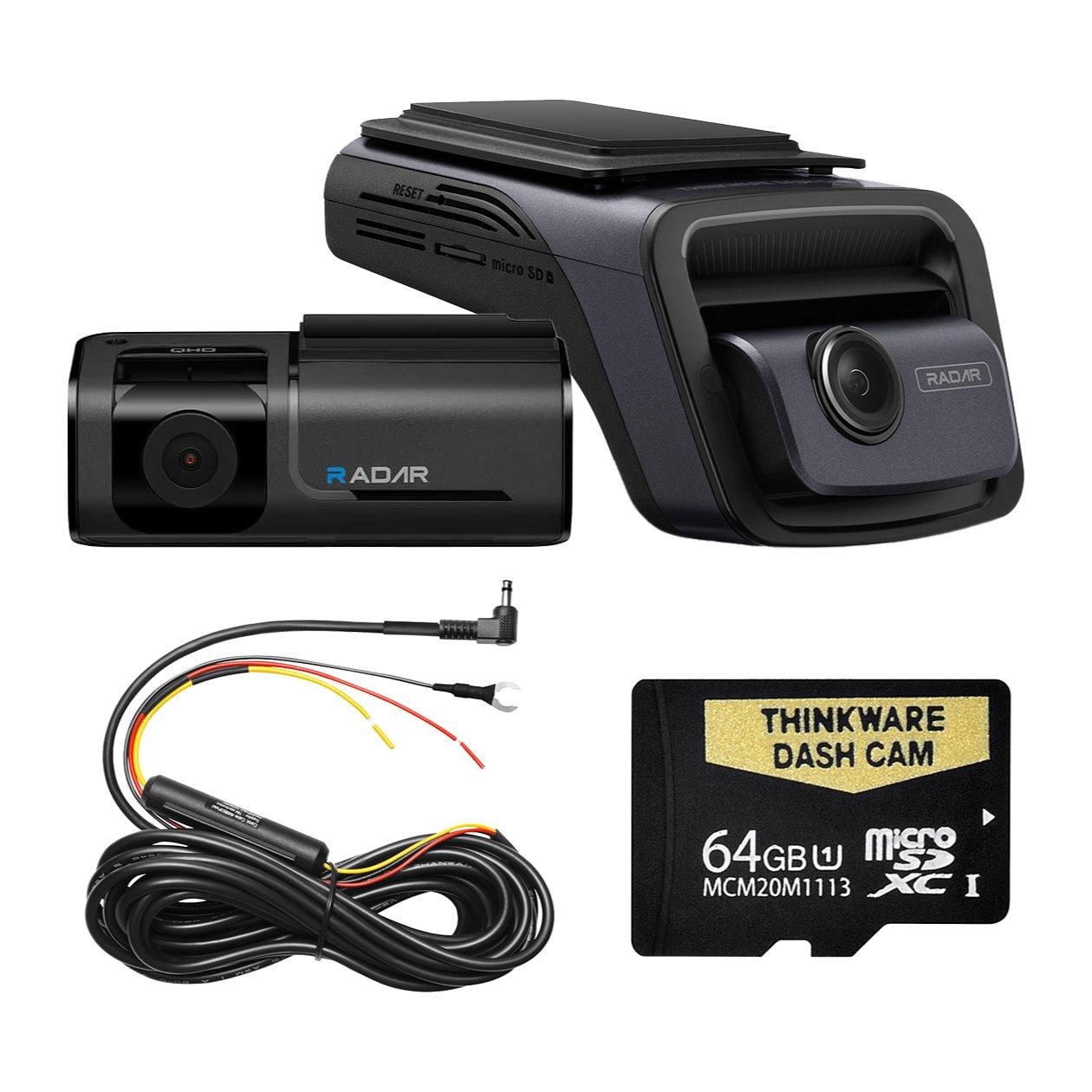 Thinkware U3000 2CH front and rear dash cam kit with hardwire cable and 64GB microSD card