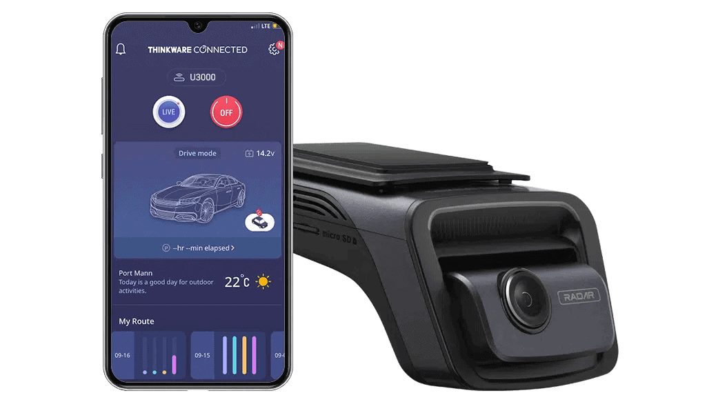 Thinkware CONNECTED app showing remote live view and impact alerts