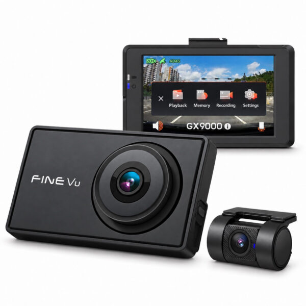 FineVu GX9000-2CH 2K dash cam with 3.5 inch touchscreen and rear camera