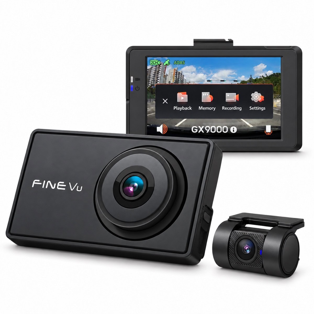FineVu GX9000 2CH 2K dash cam with 3.5 inch IPS touchscreen, front and rear cameras